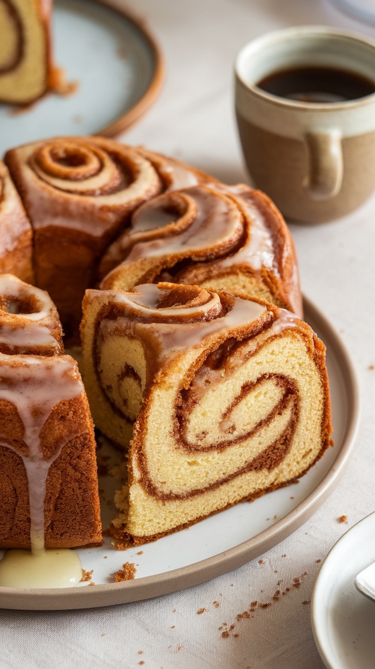 Delicious Honey Bun Coffee Cake Recipe Sliced Honey Bun Coffee Cake with cinnamon swirl and glaze next to a cup of coffee.